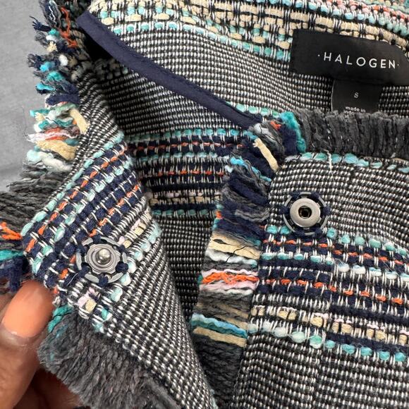 Halogen Blazer Womens 8 Blue Colorful Striped Tweed Fringe Twee Business Career - Picture 7 of 12